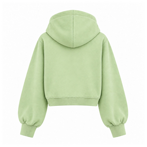 Womens Mint <b>Green</b> Cropped Zip Up Hoodie <b>Balloon</b> Sleeve Hooded Sweatshirt with Side Pockets Casual Athleisure Jacket Wholesale - Product Image 2