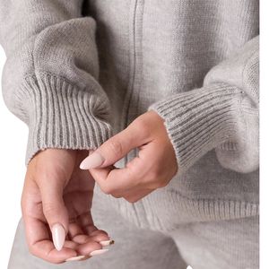 Sweat-shirt gris clair en maille à fermeture éclair intégrale, col montant respirant, coupe décontractée, manches longues, style streetwear décontracté pour femme - Product Image 4