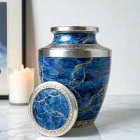 Urne funéraire artisanale en métal bleu avec bordure argentée, ronde, faite à la main, style luxe, pour cadeau de condoléances