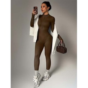 Women's High Waist Long Sleeve Solid Color Jumpsuit V-Neck Full Length Skinny Fit Tummy Control <b>Shapewear</b> Street Wear - Product Image 4
