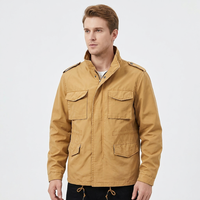 Veste Safari en Toile Marron pour Homme, Col Montant, Fermeture Éclair, Épaulettes, Style Militaire, Résistante à l'Eau, Coupe Droite, Idéale pour l'Automne