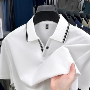 Camiseta de Manga Corta para Hombre, Bordada, de Alta Calidad, con Cuello Solapa, Patrón de Letras, 100% Algodón, Estilo Casual de Negocios - Product Image 1