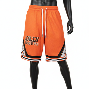 Pantalones Cortos de Baloncesto Ligeros de Malla de Poliéster de 180 GSM, Color Naranja Vibrante, Panel con Rayas, Logotipo Serigrafiado - Product Image 1