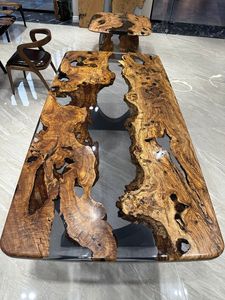 Table à manger rectangulaire moderne en résine avec bord naturel, pieds en métal, faite à la main, 6 places, mobilier pour la maison, hôtel, appartement - Product Image 3