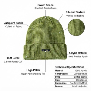 Bonnet IMEX Vert Olive 100% Acrylique Unisexe Décontracté Taille Adulte 56-58CM Tricoté à la Machine Couleur Unie - Product Image 5