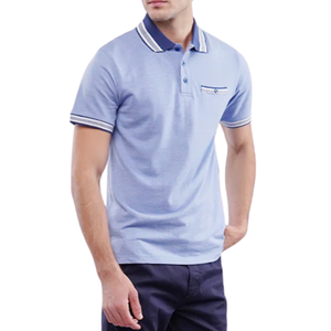 Chemise Homme Bleue en Coton Tricoté avec Col Contrastant et Poche, Manches Courtes Élégantes, Respirante, Décontractée, Couleur Unie pour le Haut - Product Image 4