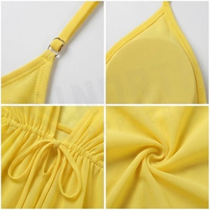 Women Yellow Chiffon Swimdress Deep V Neck Drawstring Hollow Out Regular Fit Solid Color Beachwear - Product Image 4
