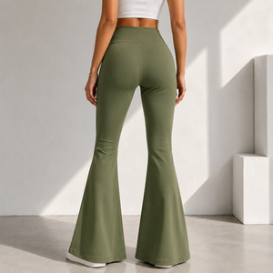 Women Green Mid Waist Flare <b>Pants</b> Full Length Terry Knitted Lace Casual Solid Color Elastic Waist Regular Fit Autumn Wear - Product Image 1