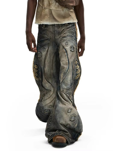 Jean en denim pour homme en coton, haute qualité, personnalisé, délavage vintage, avec œillets et fermetures éclair, effet déchiré et vieilli, coupe large, style streetwear hip-hop, OEM ODM - Product Image 1