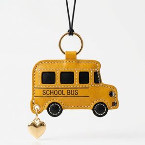 <b>Personalized</b> School Bus Bag Charm Pendant with Gold Heart Metal Accessory for Gift Promotion PU Leather <b>Keychain</b> - Product Image 2