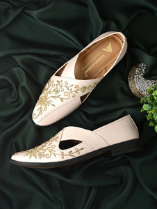 Premium <b>Cream</b> Embroidered Slide Slippers Flat Loafers for Men, Elegant Slip-On Dress <b>Shoes</b> for <b>Wedding</b>, Party, and Festival - Product Image 1