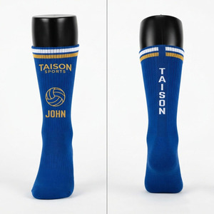 Calcetines de Netball Premium, 200 GSM, Mezcla de Lana/Spandex, Tejido Acanalado, Azul, Dorado, Blanco, Logotipo Jacquard, Secado Rápido, Transpirables, para Equipos Deportivos - Product Image 1
