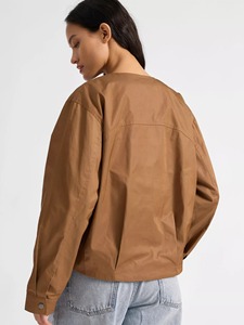 Chaqueta Cortavientos Tipo Bomber para Mujer, Color Marrón, Manga Larga, Cierre de Botones, Tejido de Poliéster, para Otoño - Product Image 3
