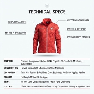 Veste d'équipe de curling pour femmes sur mesure, softshell premium 330GSM, rouge suisse, coupe ajustée, vêtements de sport, Sialkot OEM - Product Image 5