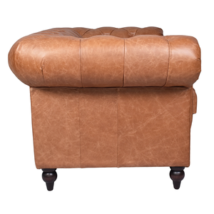 Canapé Chesterfield deux places en cuir véritable de style vintage avec accoudoirs roulés et design matelassé, base en bois massif, canapé élégant - Product Image 2
