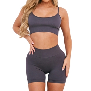 ชุดออกกำลังกายโยคะวิ่งสำหรับผู้หญิงแบบขายส่งสั่งทำพิเศษ เสื้อชั้นในกีฬาแบบเปิดหลังและกางเกงขาสั้น ชุดสีตัดกัน - Product Image 1