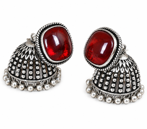 Ruby <b>Red</b> Stone Oxidized Silver Brass Zinc Alloy Imitation Pearl Jhumka <b>Earrings</b> for Women | Traditional Indian Jewelry Gift - Product Image 1