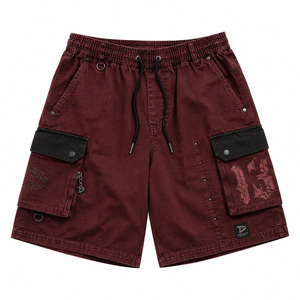 Oxblood Y2K Baggy Cargo Shorts Men / Hombre Oversized Utility Drawstring Waist Rhinestone Pocket Streetwear Low MOQ Wholesale - Product Image 3