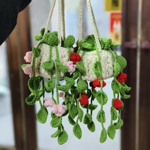 Cesto <span class=keywords><strong>di</strong></span> rose all'uncinetto fatto a mano, decorazione da appendere, con rampicanti, fiori <span class=keywords><strong>di</strong></span> ciliegio, margherite, lavanda, fragole, per specchietto auto - Product Image 4