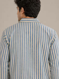 Pijama clásico de manga larga para hombre, transpirable, de poliéster/algodón, con rayas celestes - Product Image 4