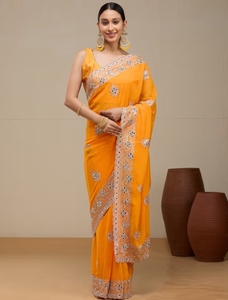 Sari KV Bright Festive Orange Pure Georgette Divyam con Blusa Sin Coser - Product Image 5