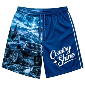Shorts pour hommes Country Shine avec logo imprimé sur le devant, motif camion et montagne bleu, séchage rapide, cordon de serrage, décontracté, sport - Product Image 1