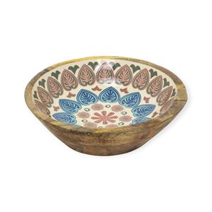 Modern Handmade Wooden <b>Bowl</b> with Green Leaf Print <b>Enamel</b> Interior for Fresh Natural Table Look - Product Image 3