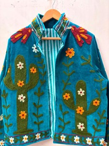Veste en velours vert sarcelle pour femme, col montant, fermeture éclair, broderie florale cactus, style Prairie Chic, veste brodée florale à fermeture éclair - Product Image 6