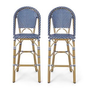 Set di 2 sgabelli da bar francesi in rattan PE da esterno da 29,5 pollici, colore verde acqua scuro e bianco, con struttura in alluminio e finitura in bambù - Product Image 2