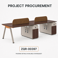 Bureau de travail pour 4 personnes avec armoires de rangement et séparateurs en tissu, 2400 mm, finition bois brun, mobilier de bureau