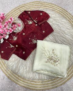 Sari en satin Fendy au design exclusif, avec chemisier élégant, style ethnique chic et tendance, dernière collection indienne, tenue de soirée modeste pour femmes et jeunes filles - Product Image 6