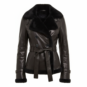 Veste en cuir de daim pour femme avec fourrure de renard, style Bellivera, doublure en sherpa, ceinture amovible, veste en cuir d'agneau véritable - Product Image 1