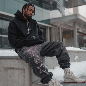 Pantalones Jogger de Moda Urbana para Hombre con Pedrería, Estilo Hip Hop, Lavados y Holgados - Product Image 1