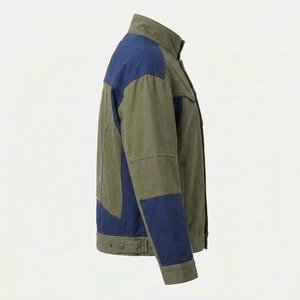 Blouson Biker Asymétrique Color Block Homme Personnalisé en Toile Délavée Vintage Col Montant Style Moto Streetwear Manteau d'extérieur - Product Image 3