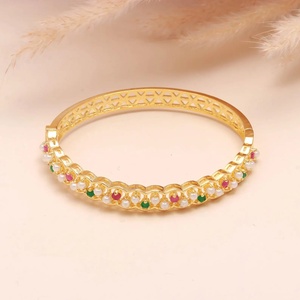 22K Gold Plated Multi Stone <b>Bracelet</b> Emerald Ruby Pearl Brass Kada Openable Traditional Bridal Jewelry for Women - Product Image 3