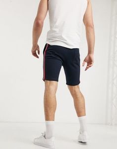 Pantalones cortos Bermuda azul marino para hombre con rayas laterales rojas y blancas, cintura con cordón, de punto casual de tiro medio - Product Image 2