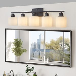 5 <b>Light</b> Modern Bathroom <b>Vanity</b> <b>Light</b> <b>Mirror</b> Black and Milky White Frosted Glass Shades E26 Wall Sconces - Product Image 2