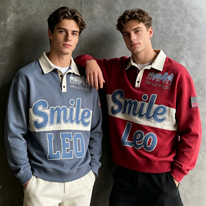 SMILE LEO เสื้อเชิ้ตผ้าใบระบายอากาศแขนสั้นสำหรับผู้ชาย, เสื้อถักลำลองกระดุมด้านหน้าพิมพ์ลายตัวอักษรสีแดงและสีน้ำเงิน - Product Image 2
