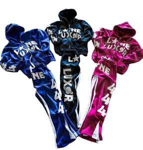 Conjunto de sudadera acampanada con parche bordado desgastado personalizado para hombre, Sudadera con capucha lavada con diamantes de imitación y lavado ácido, chándal de talla grande lavado - Product Image 2