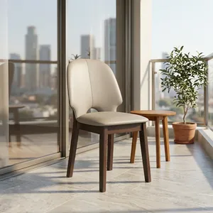 Chaise de restaurant moderne en velours rembourrée, dossier haut incurvé, assise rembourrée beige, pieds en bois massif, pour hôtel et extérieur - Product Image 4