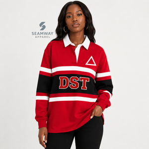 Delta |   Sigma |   Camiseta de Rugby Oversize Theta con Bloques de Color, Manga Larga, Cuello Polo, Bordado con Letras Griegas, Estilo Universitario - Product Image 5