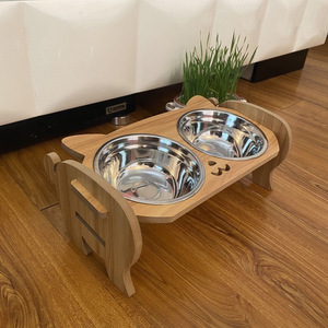 Grey Pink Stylish Rounded <b>Ceramic</b> Waterproof Cat <b>Dog</b> Feeding Bowls with Wooden Base Indoor Dining Set - Product Image 3