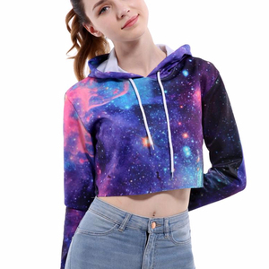 Sweat-shirt à capuche court pour femme, imprimé galaxie, manches longues, décontracté, pour le printemps, en polyester tricoté - Product Image 4