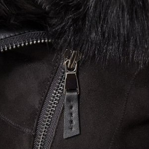 Women's <b>Black</b> Shearling <b>Jacket</b> With Fur Trim Hood Zipper Closure Regular Fit Winter Coat Full Sleeve <b>Suede</b> Outerwear - Product Image 5