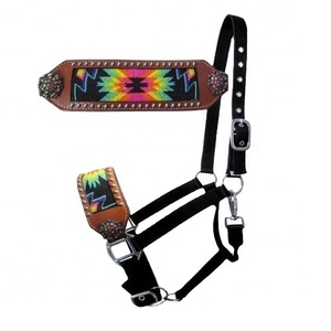 Cabestro de cuerda de nailon negro ajustable con nariz de cuero con cuentas y tapa de tachuelas plateadas, trabajo de sillín occidental de tendencia del fabricante - Product Image 1