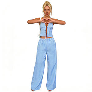 Conjunto de 2 piezas a rayas azules y blancas para mujer, top corto con lazo en la parte delantera, pantalones de pierna ancha, ropa de verano para la playa - Product Image 3