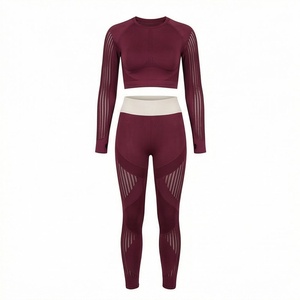 Women's Seamless Yoga Set Burgundy <b>Long</b> <b>Sleeve</b> Crop <b>Top</b> High Waist Leggings - Product Image 1
