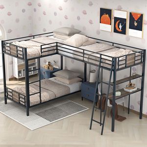 L-Shaped Twin <b>Over</b> Twin Bunk Bed with Twin Size Loft <b>Desk</b> and <b>Shelf</b>-Kids' Furniture Set - Product Image 1