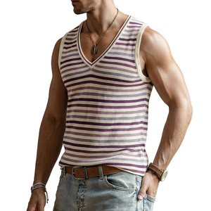 <b>Men</b> Striped V-Neck <b>Singlet</b> Custom Gym Wear Muscle Fit Sleeveless Tank Top Ribbed Trim Streetwear Wholesale Supplier Tank Tops - Product Image 1