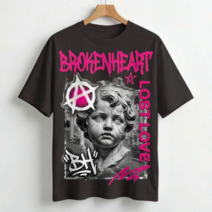 T-shirt blanc pour homme imprimé Broken Heart Lost Love, manches courtes, col rond, style streetwear, coupe classique, jersey en coton - Product Image 1